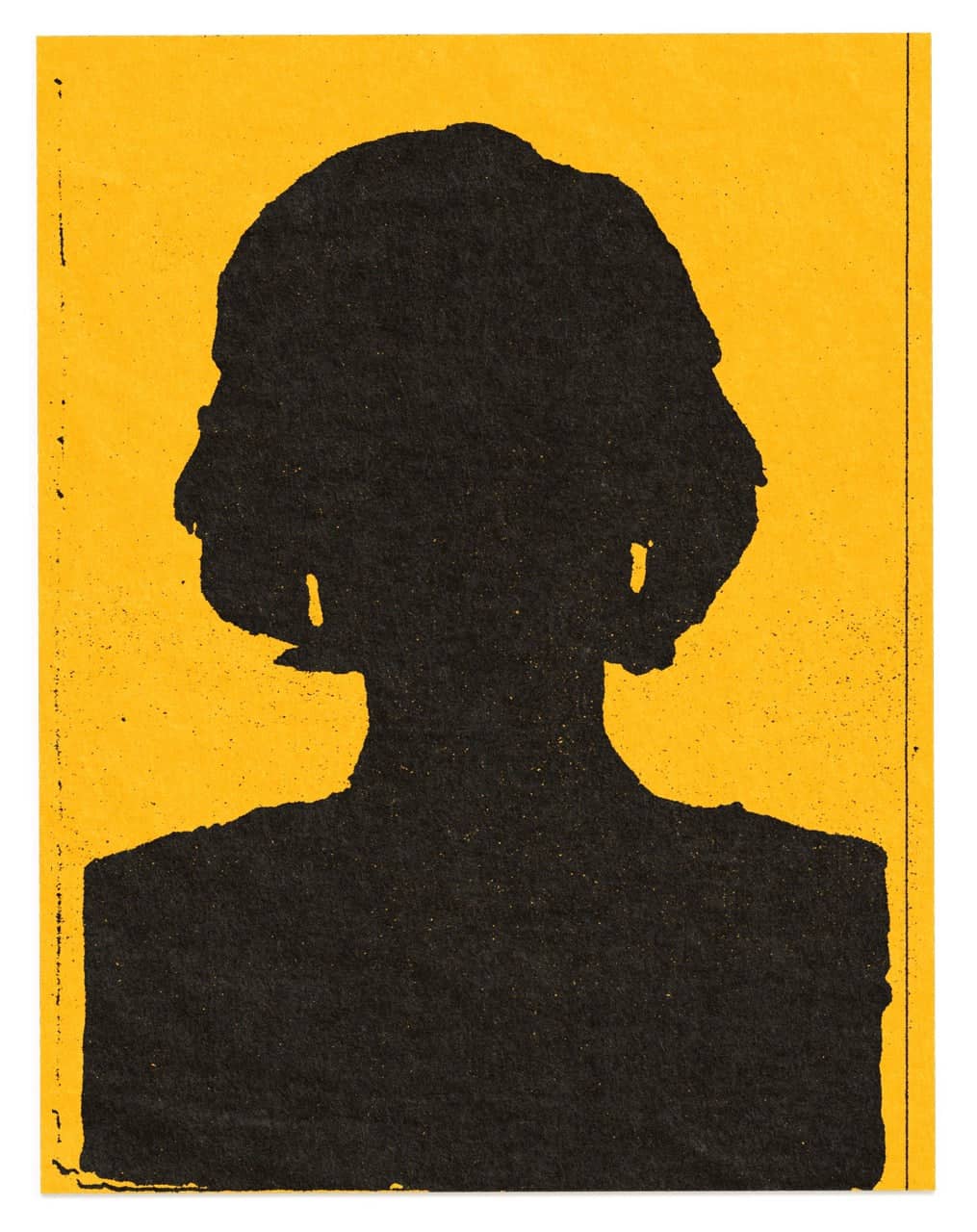 Black silhouette portrait of a woman with short, wavy hair and dangling earrings against a vibrant yellow background.