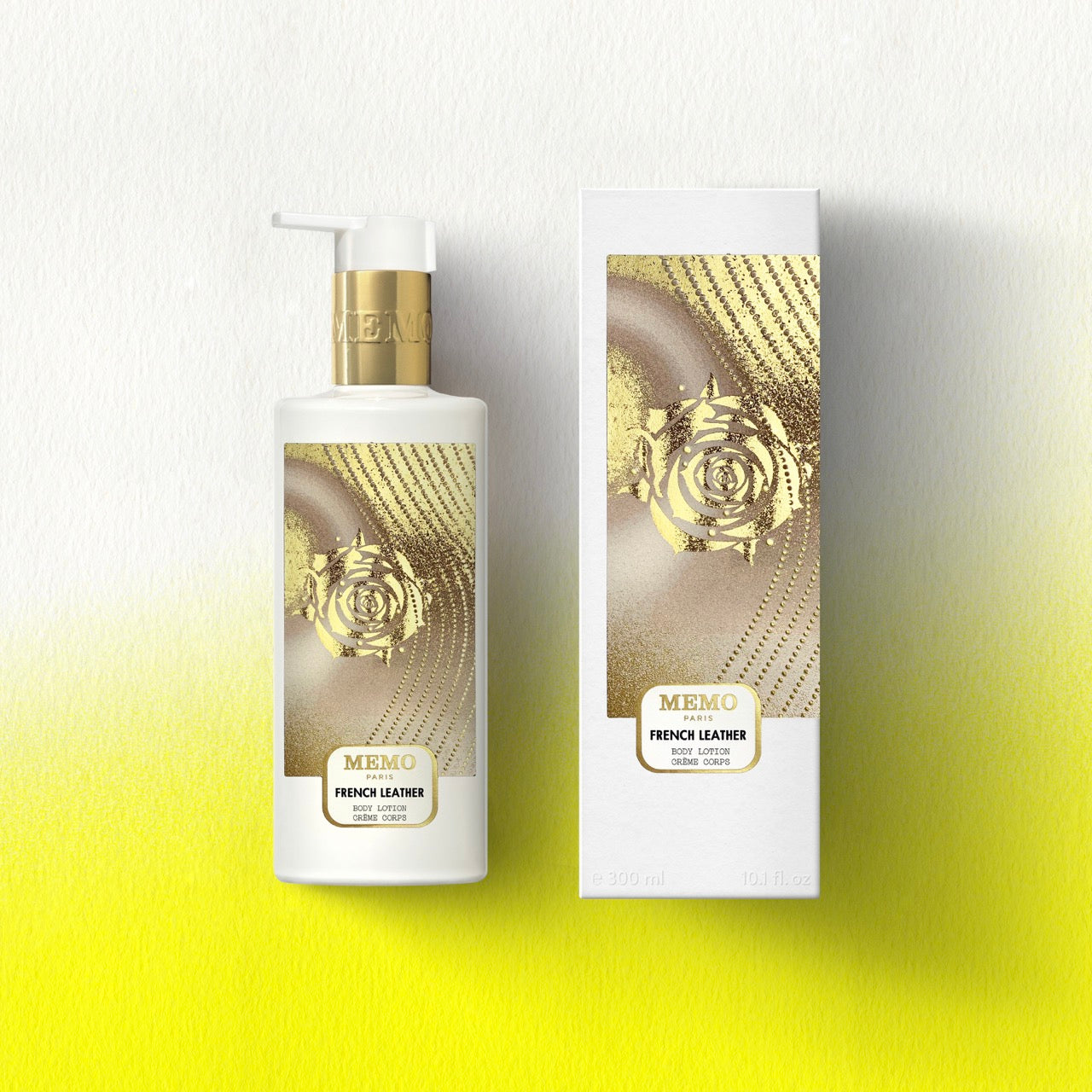 White bottle of memo paris french leather body lotion with gold pump and rose design label for skincare use