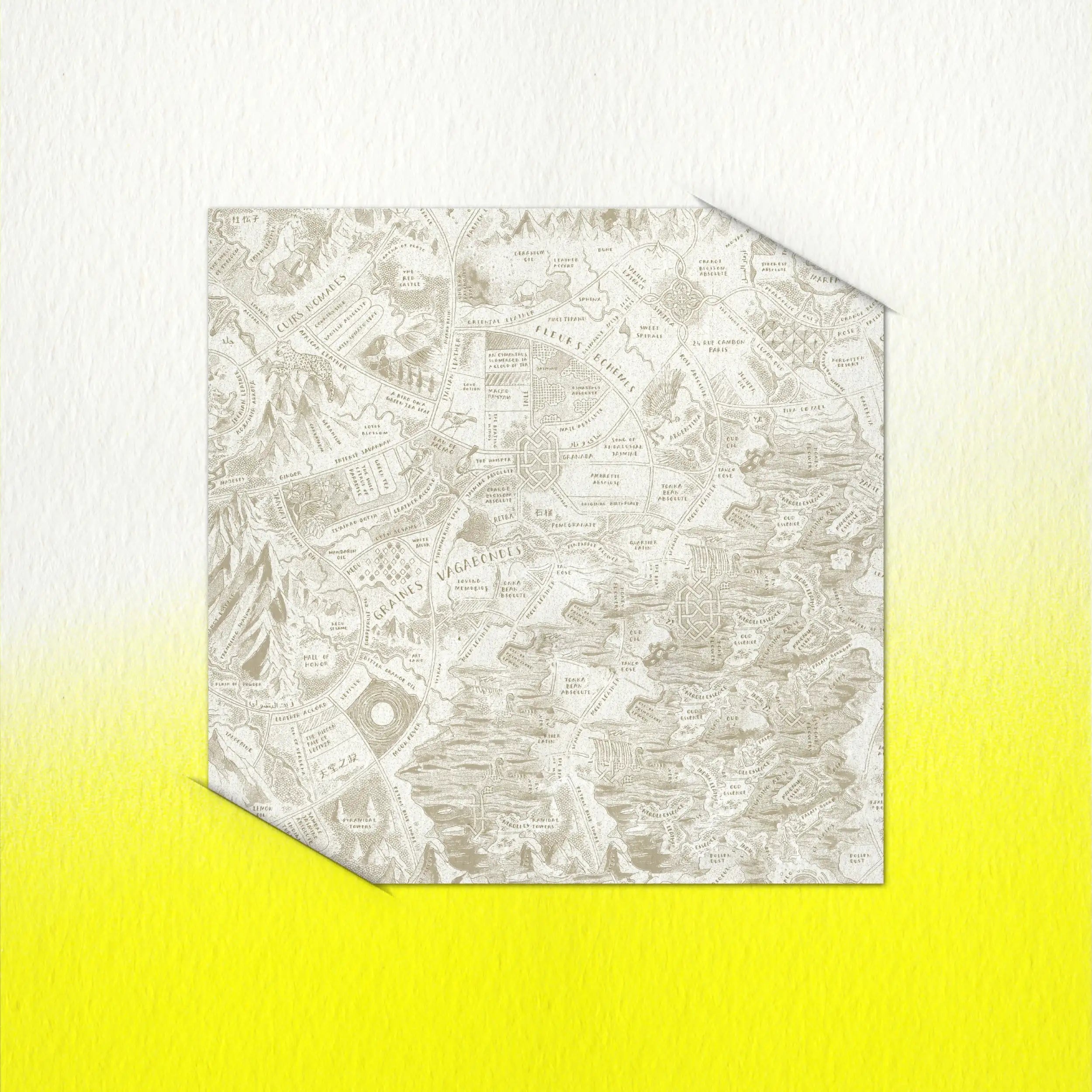 A square, light-colored map with a curled corner.