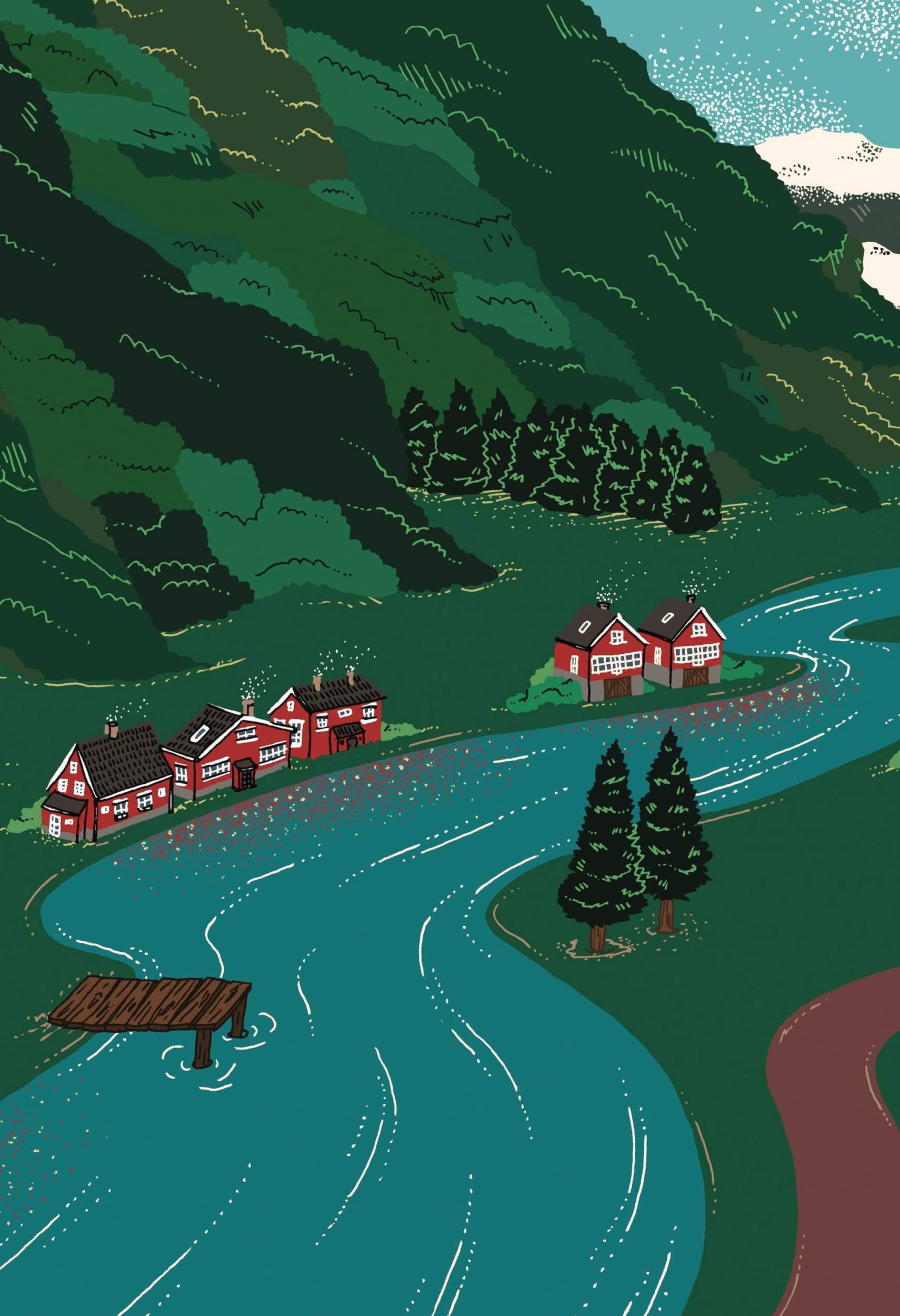A stylized illustration of a winding river flowing through a lush green valley with red-roofed houses nestled along its banks.