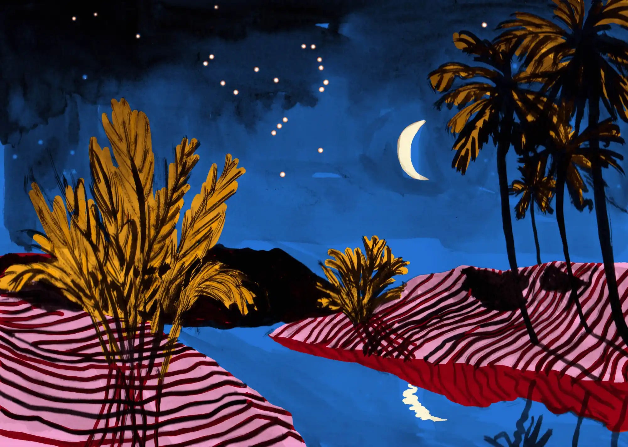 Stylized tropical night scene.