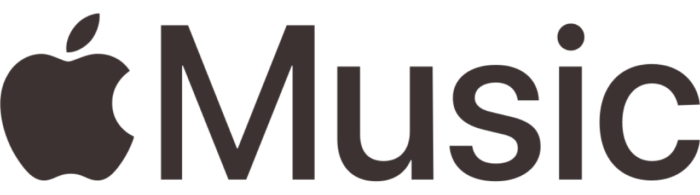 Apple music logo in dark gray with a stylized apple icon and the word ’music’ beside it.