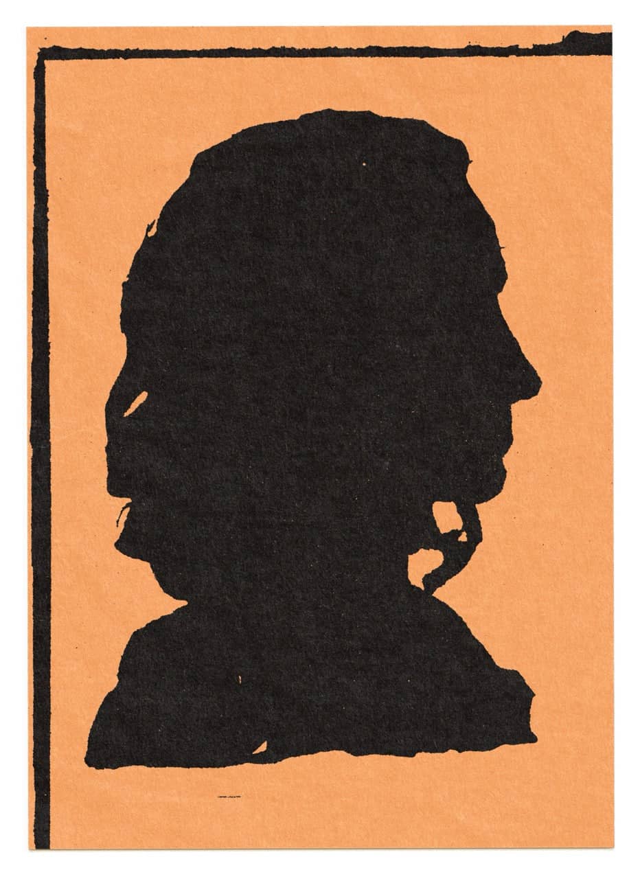 Black silhouette portrait on an orange background.