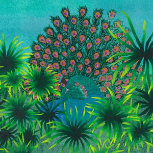 Colorful peacock amidst lush greenery.