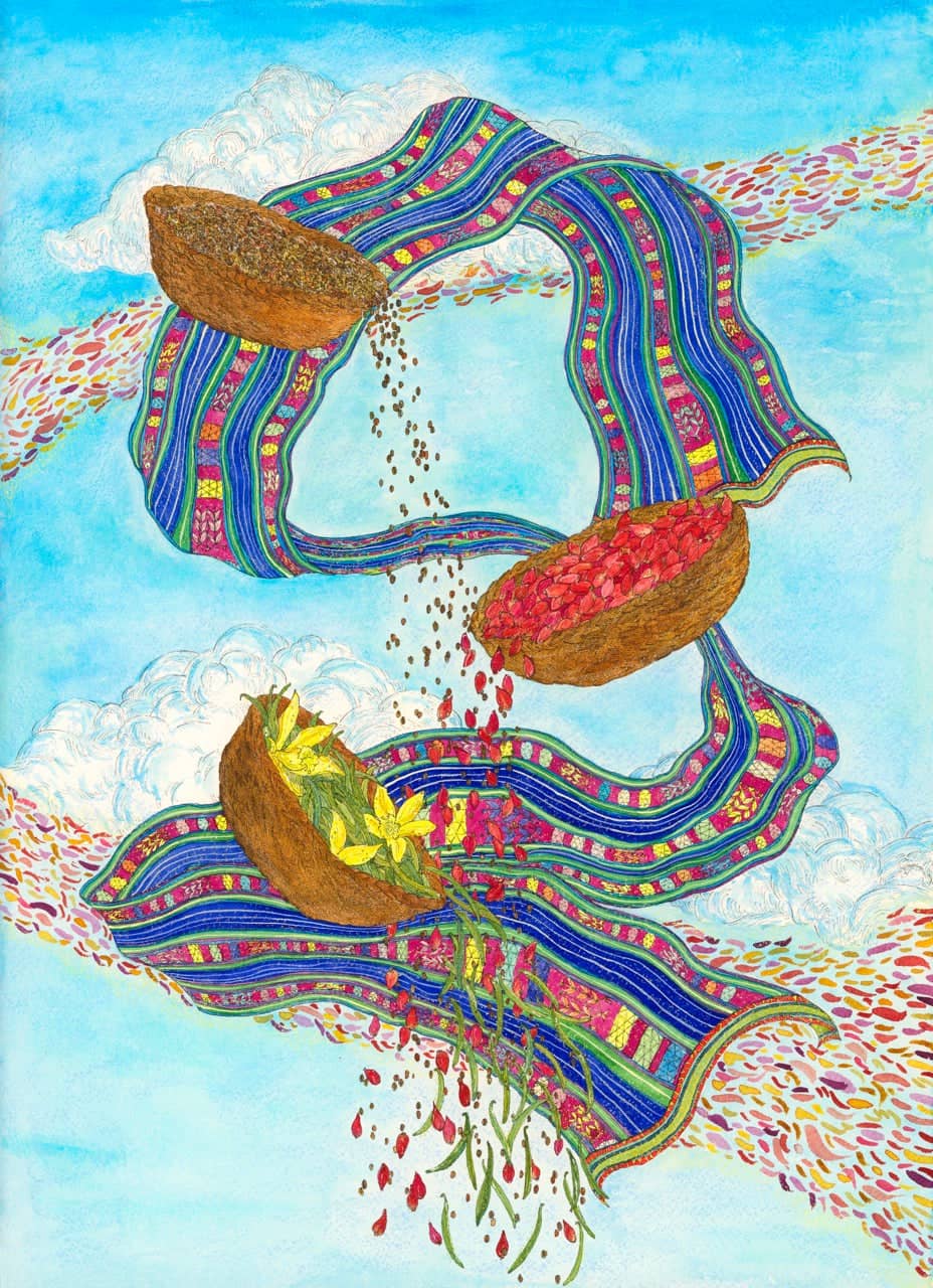 A vibrant, intricately patterned scarf with bold blue stripes and colorful floral motifs flows dynamically through the air.